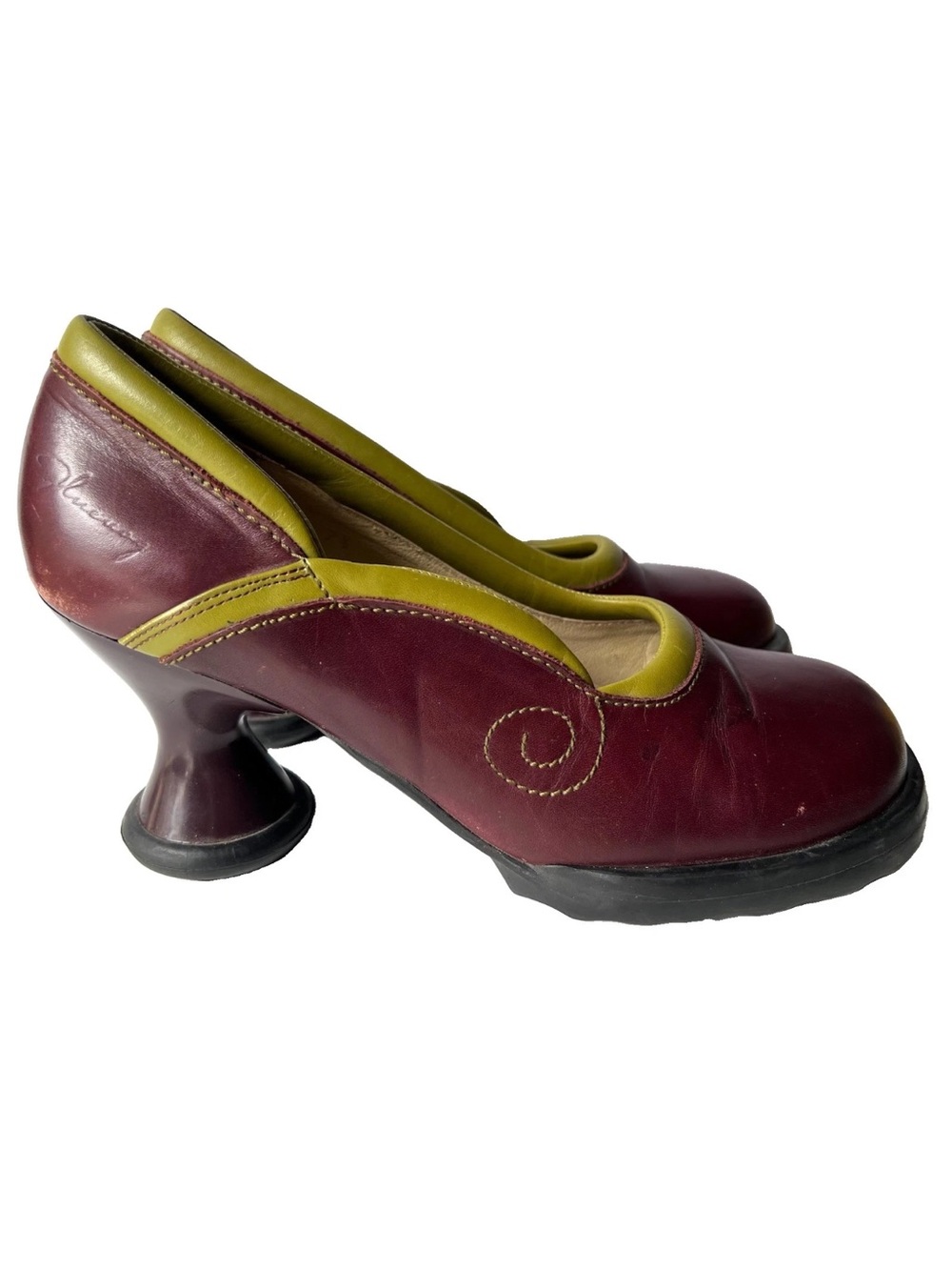 John Fluevog Mini Lily Darling Burgundy Green Leather Pinup Retro Pumps Shoe 7.5